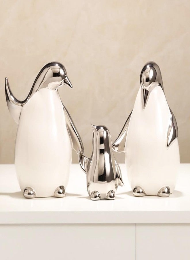 Tuioyoc Set of 3 Ceramic Statues Aesthetic Abstract Penguins Sculpture Cute Modern Home Decor Decorative Statue for Living Room, Bedroom, Office, Table Centerpiece (White Silver) - Image 3